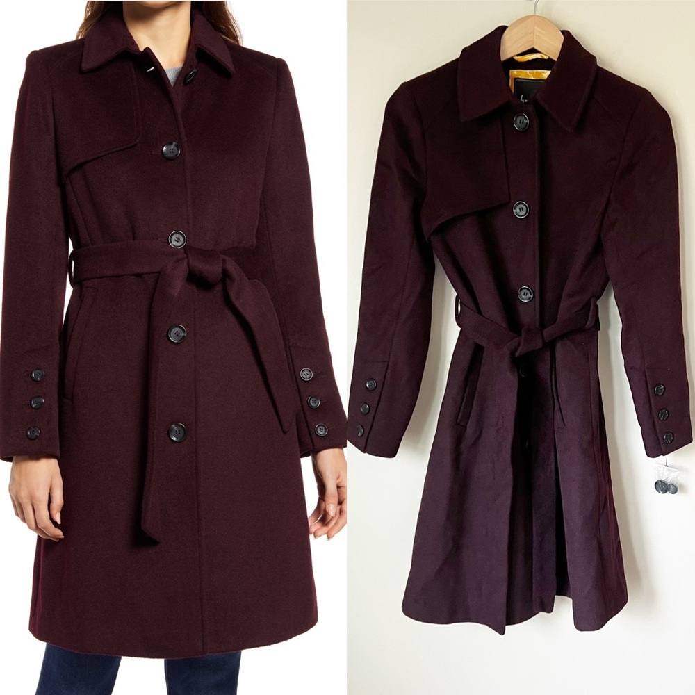 Sam Edelman Belted Wool Blend Trench Coat Wine Burgundy 2 NWT